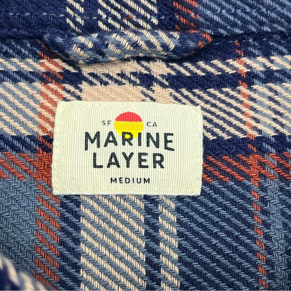 Marine Layer Mens Medium Cole Textured Twill Blue Plaid Long Sleeve Button Shirt